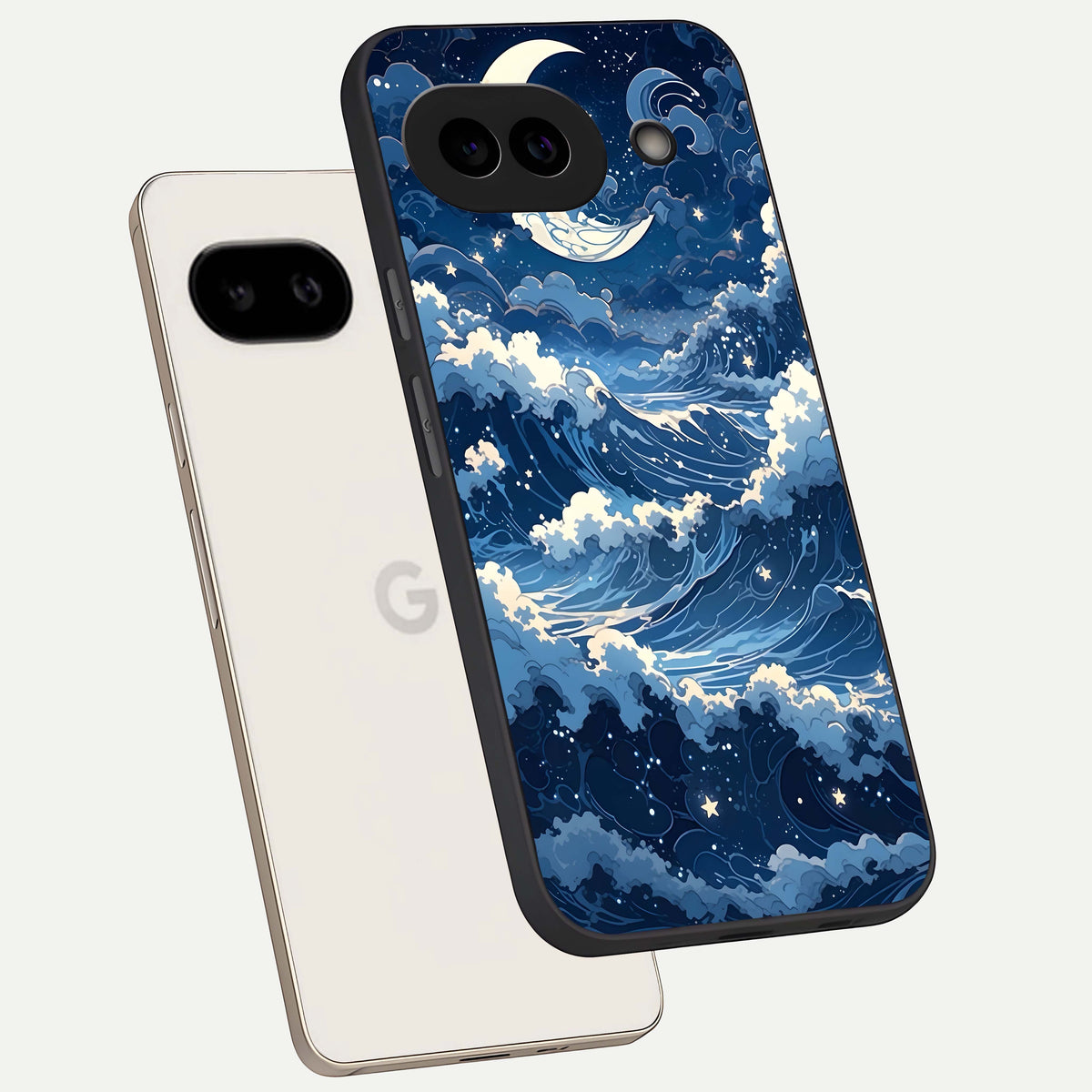  Ocean Moon Waves phone case For Google Pixel 9A showing premium glass back cover with detailed artwork