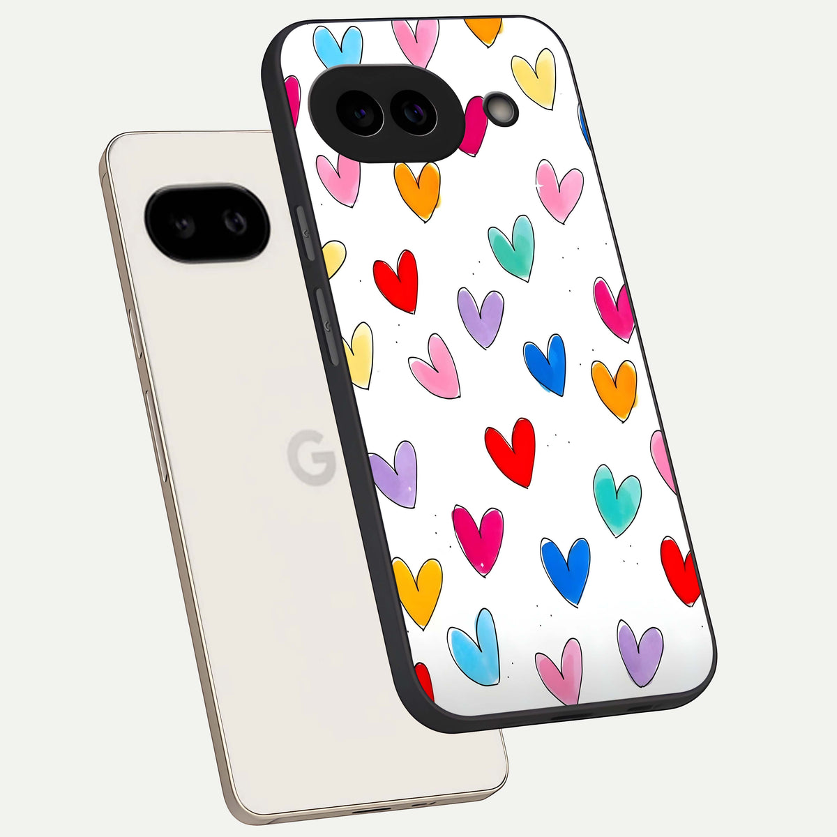  Playful Love Doodles phone case For Google Pixel 9A showing premium glass back cover with detailed artwork