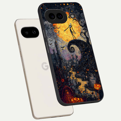  Pumpkin Moon Night phone case For Google Pixel 9A showing premium glass back cover with detailed artwork