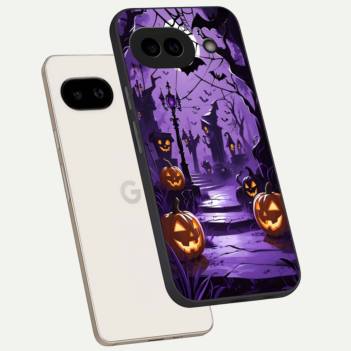  Pumpkin Patch Halloween phone case For Google Pixel 9A showing premium glass back cover with detailed artwork