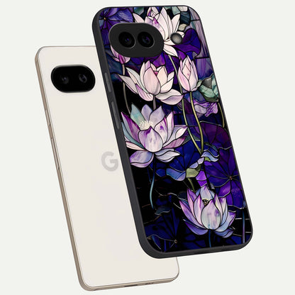  Purple Lotus Pattern phone case For Google Pixel 9A showing premium glass back cover with detailed artwork