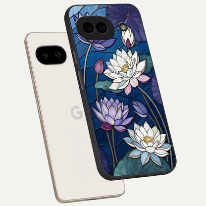  Purple Lotus Stained phone case For Google Pixel 9A showing premium glass back cover with detailed artwork