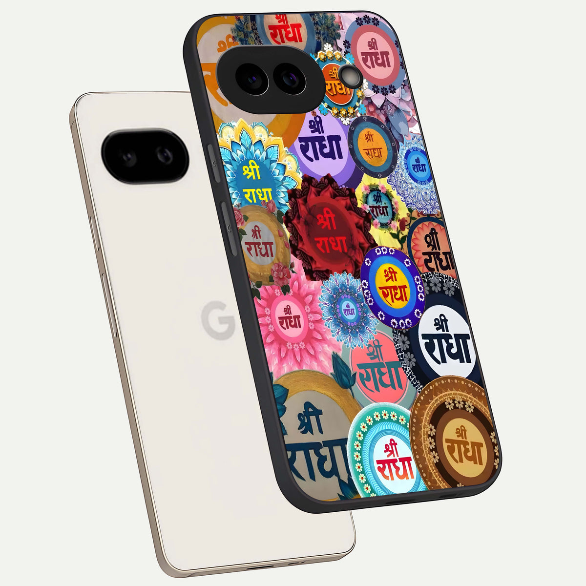  Radha Divine Bloom phone case For Google Pixel 9A showing premium glass back cover with detailed artwork