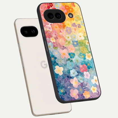  Rainbow Blossom Burst phone case For Google Pixel 9A showing premium glass back cover with detailed artwork