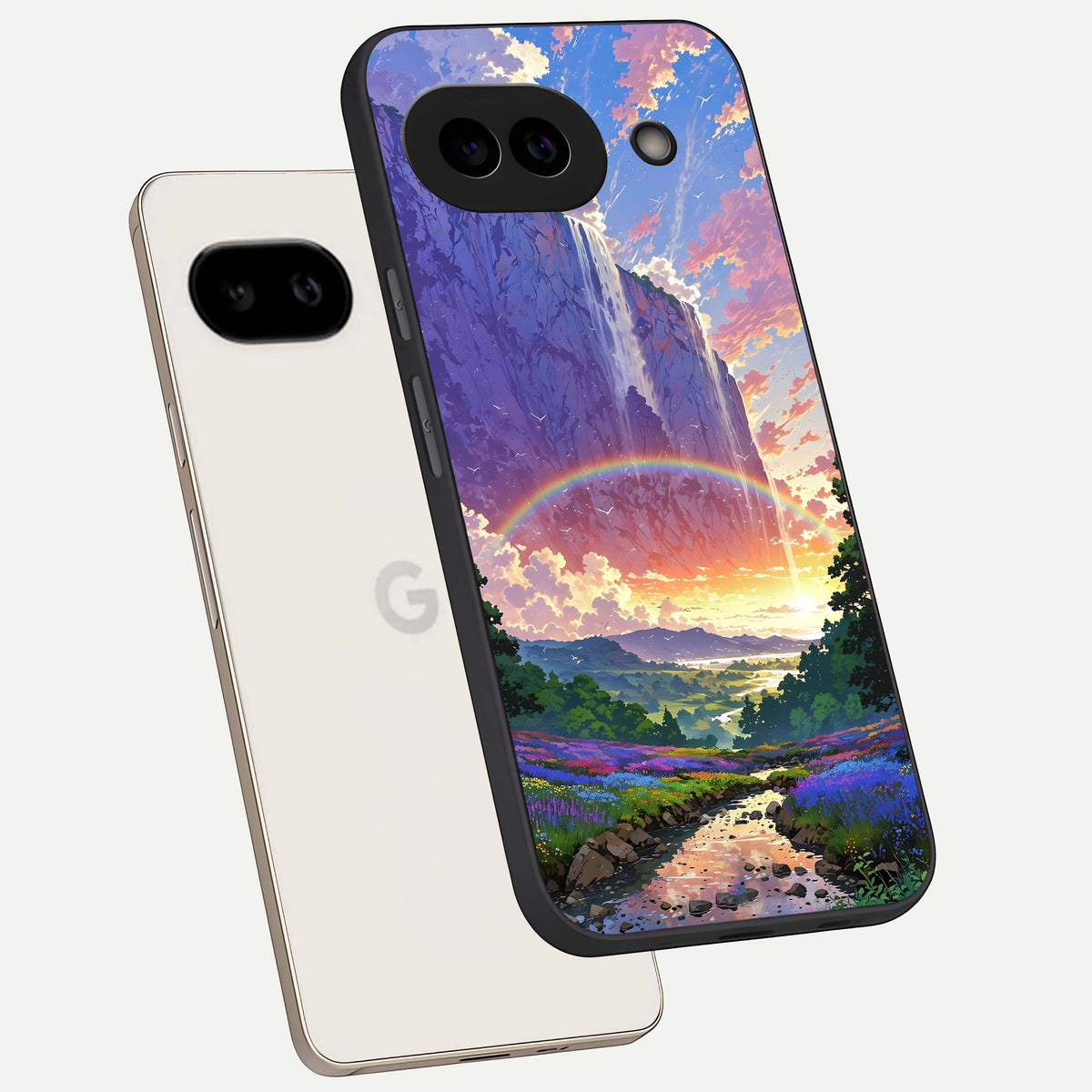  Rainbow Valley Dream phone case For Google Pixel 9A showing premium glass back cover with detailed artwork