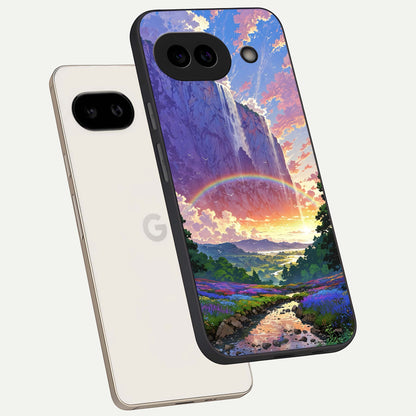  Rainbow Valley Dream phone case For Google Pixel 9A showing premium glass back cover with detailed artwork