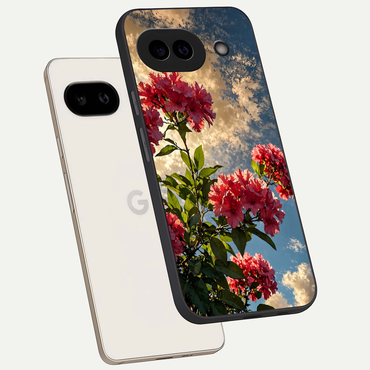  Red Bloom Skies phone case For Google Pixel 9A showing premium glass back cover with detailed artwork