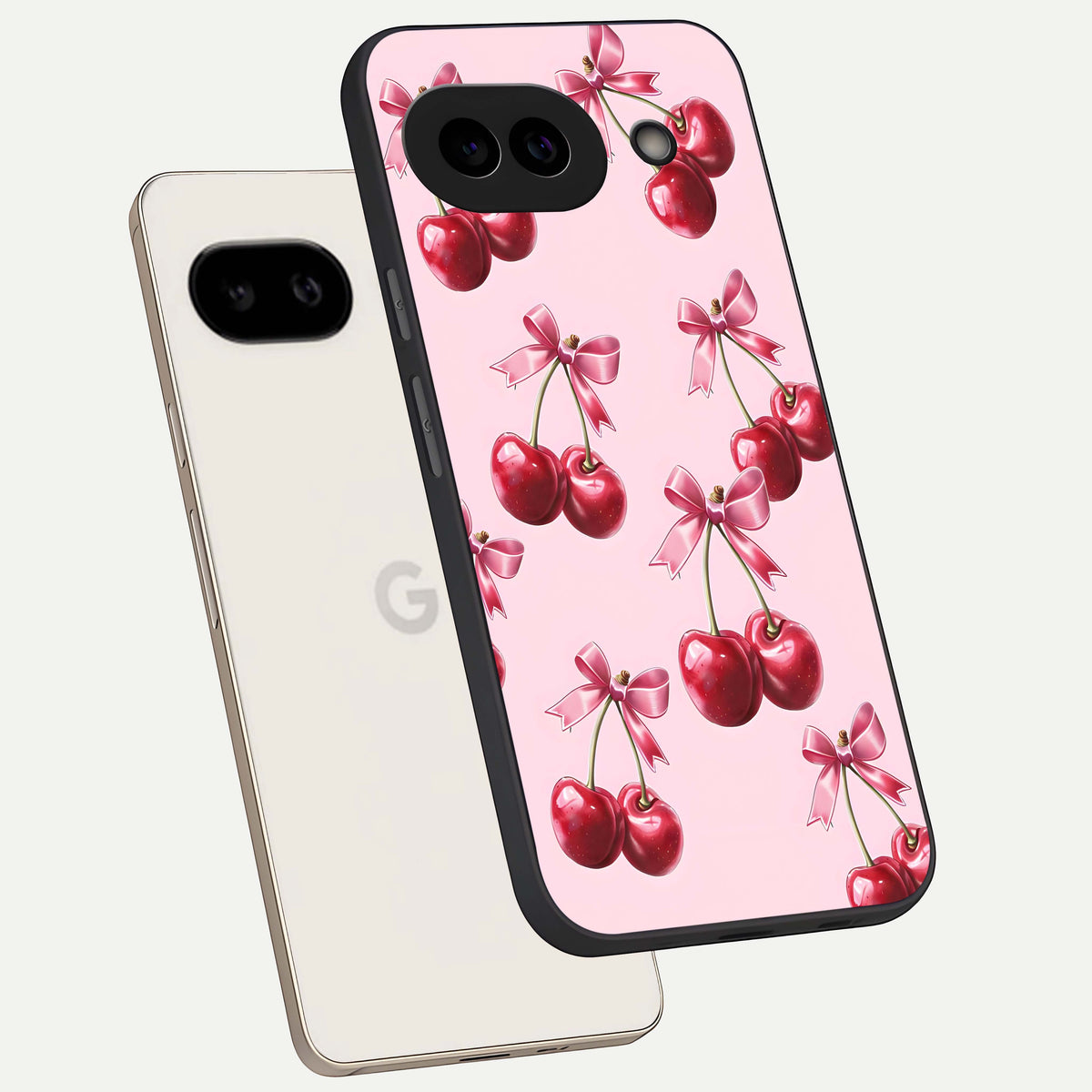  Red Cherries Pattern phone case For Google Pixel 9A showing premium glass back cover with detailed artwork