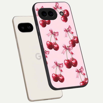 Red Cherries Pattern phone case For Google Pixel 9A showing premium glass back cover with detailed artwork