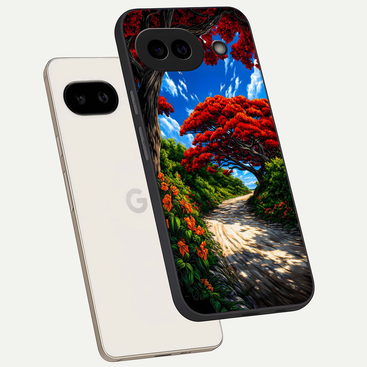  Red Trees Pathway phone case For Google Pixel 9A showing premium glass back cover with detailed artwork