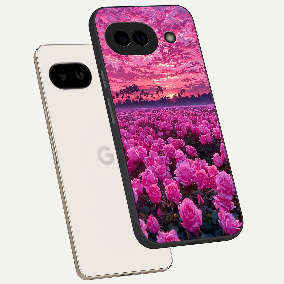  Rose Sunset Valley phone case For Google Pixel 9A showing premium glass back cover with detailed artwork