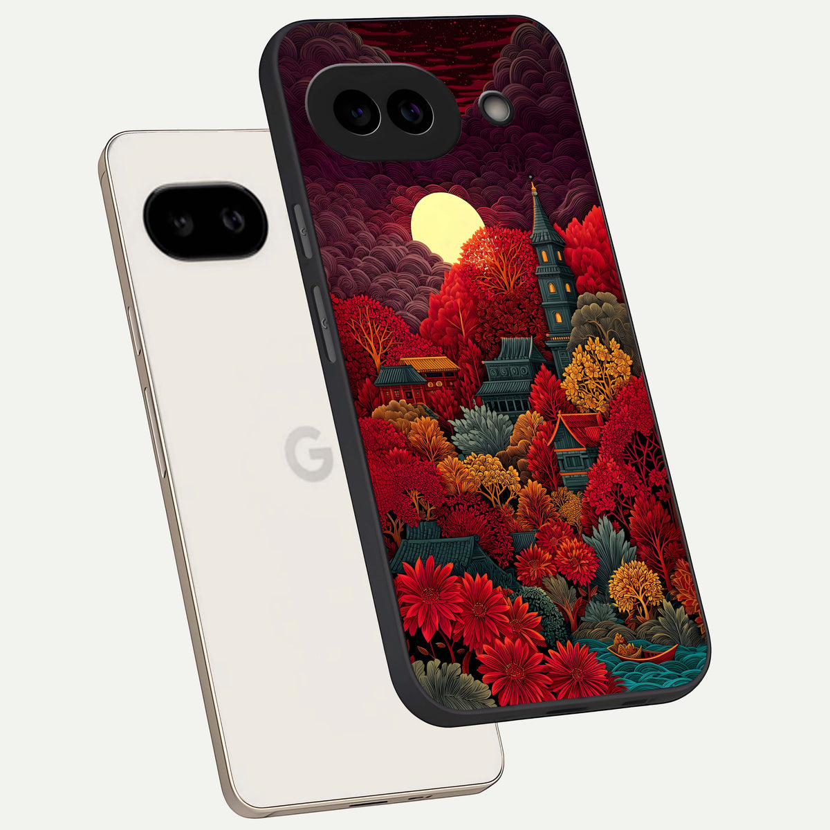  Scarlet Autumn Temple phone case For Google Pixel 9A showing premium glass back cover with detailed artwork