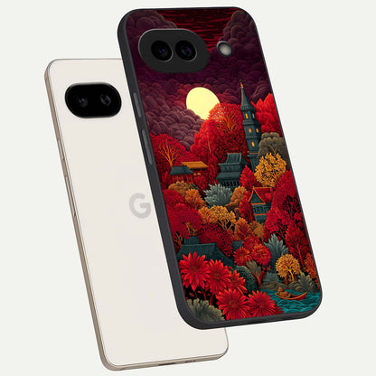 Scarlet Autumn Temple phone case For Google Pixel 9A showing premium glass back cover with detailed artwork