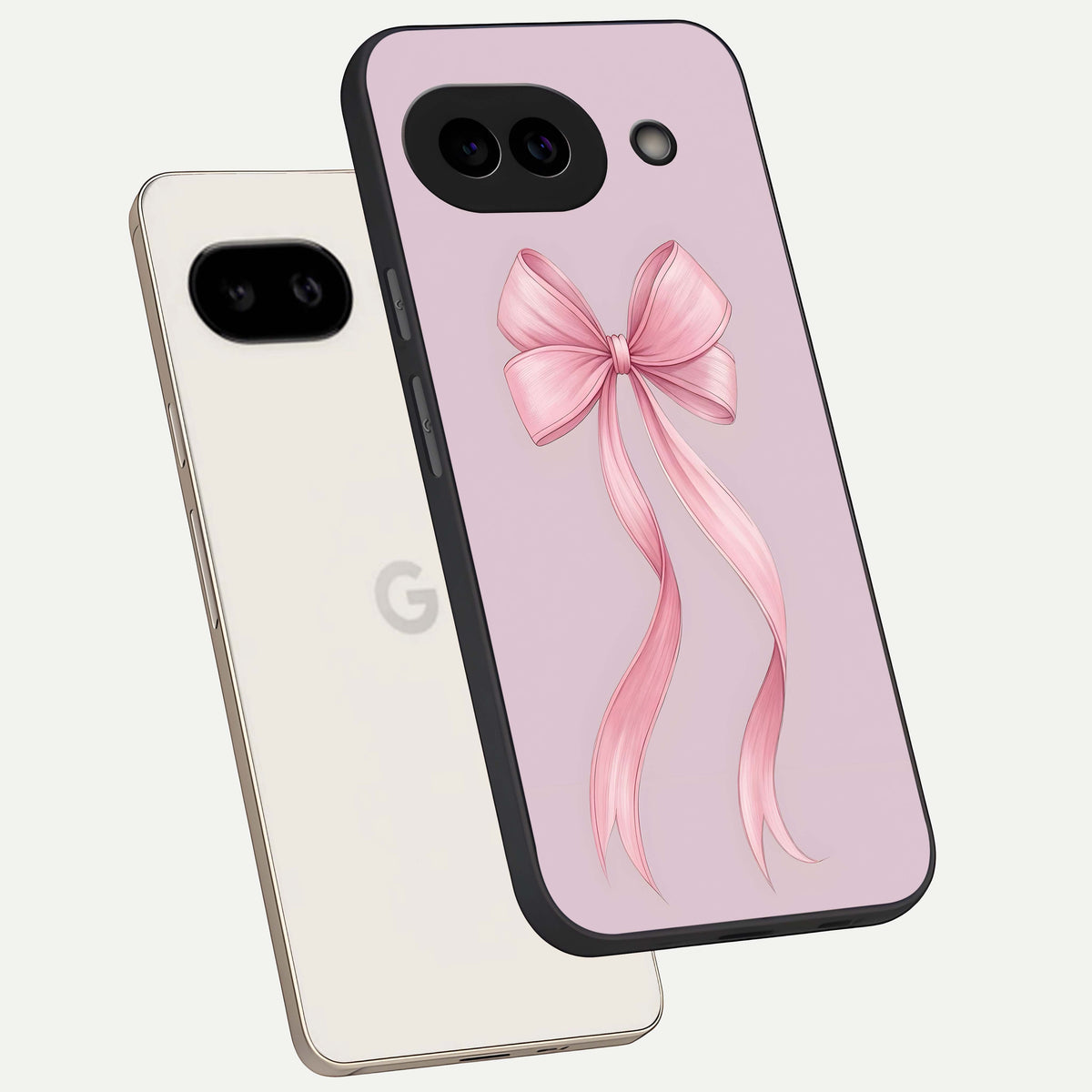  Soft Blush Bow phone case For Google Pixel 9A showing premium glass back cover with detailed artwork