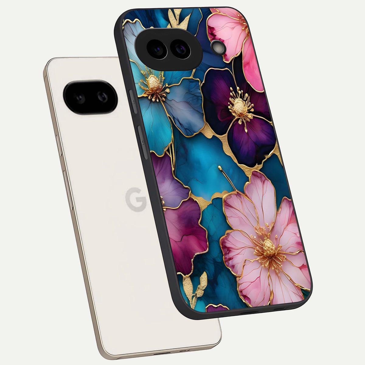  Sparkle Floral phone case For Google Pixel 9A showing premium glass back cover with detailed artwork