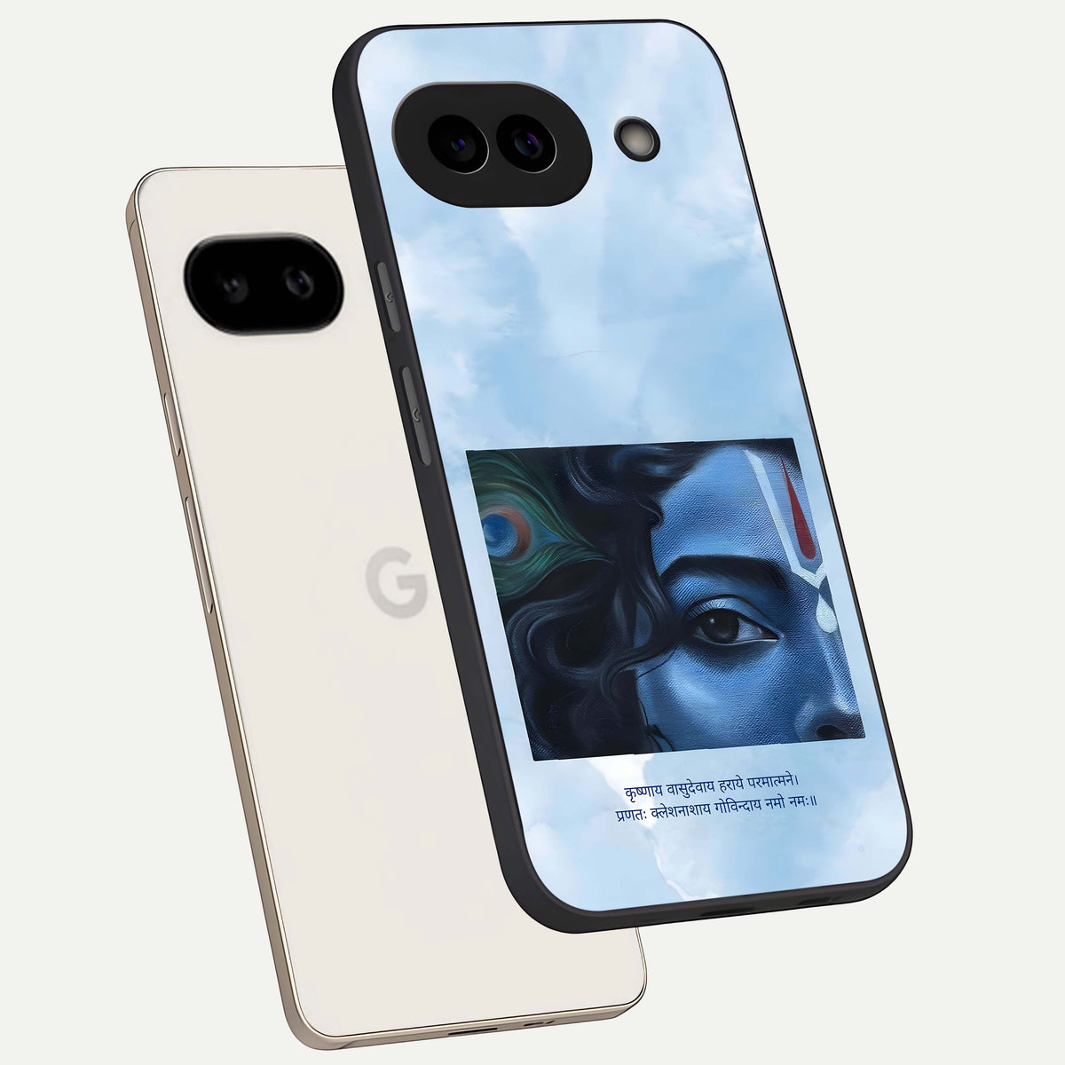  Spiritual Krishna phone case For Google Pixel 9A showing premium glass back cover with detailed artwork