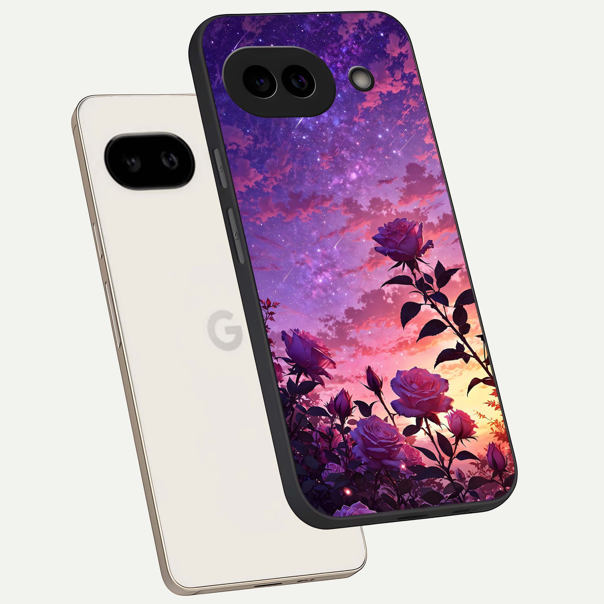  Starlit Rose Twilight phone case For Google Pixel 9A showing premium glass back cover with detailed artwork