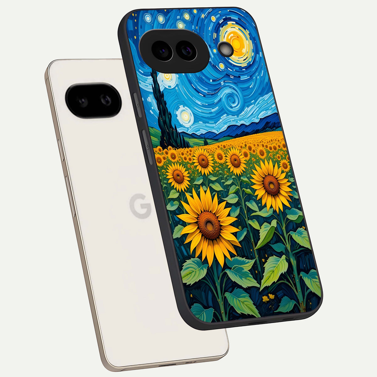  Starry Sunflower Dreams phone case For Google Pixel 9A showing premium glass back cover with detailed artwork