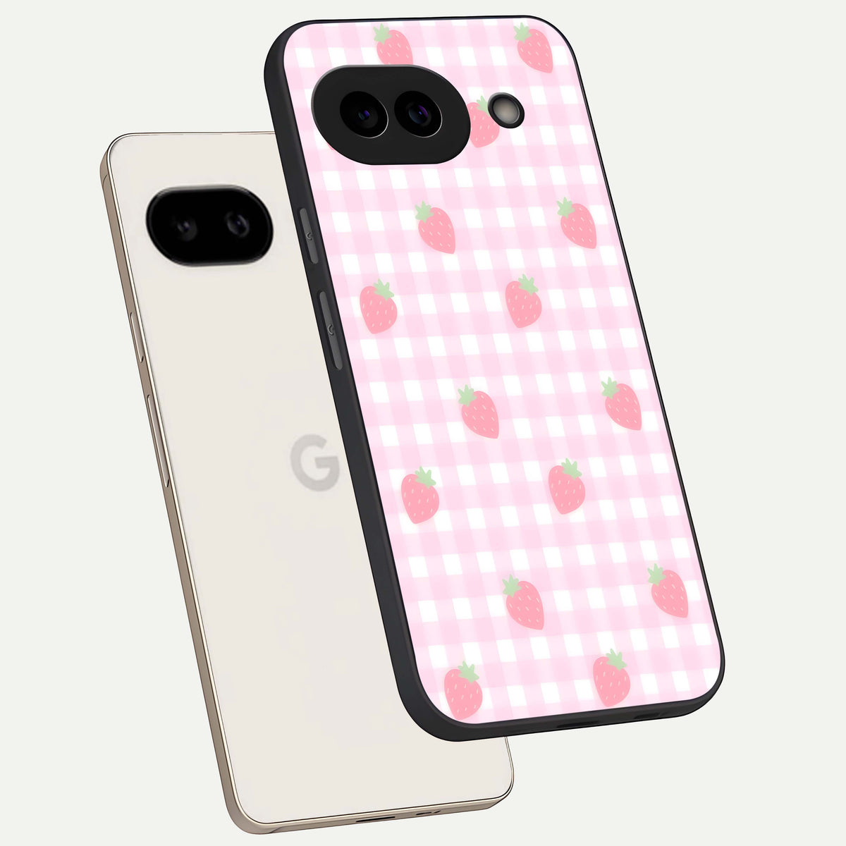  Strawberry Picnic Love phone case For Google Pixel 9A showing premium glass back cover with detailed artwork
