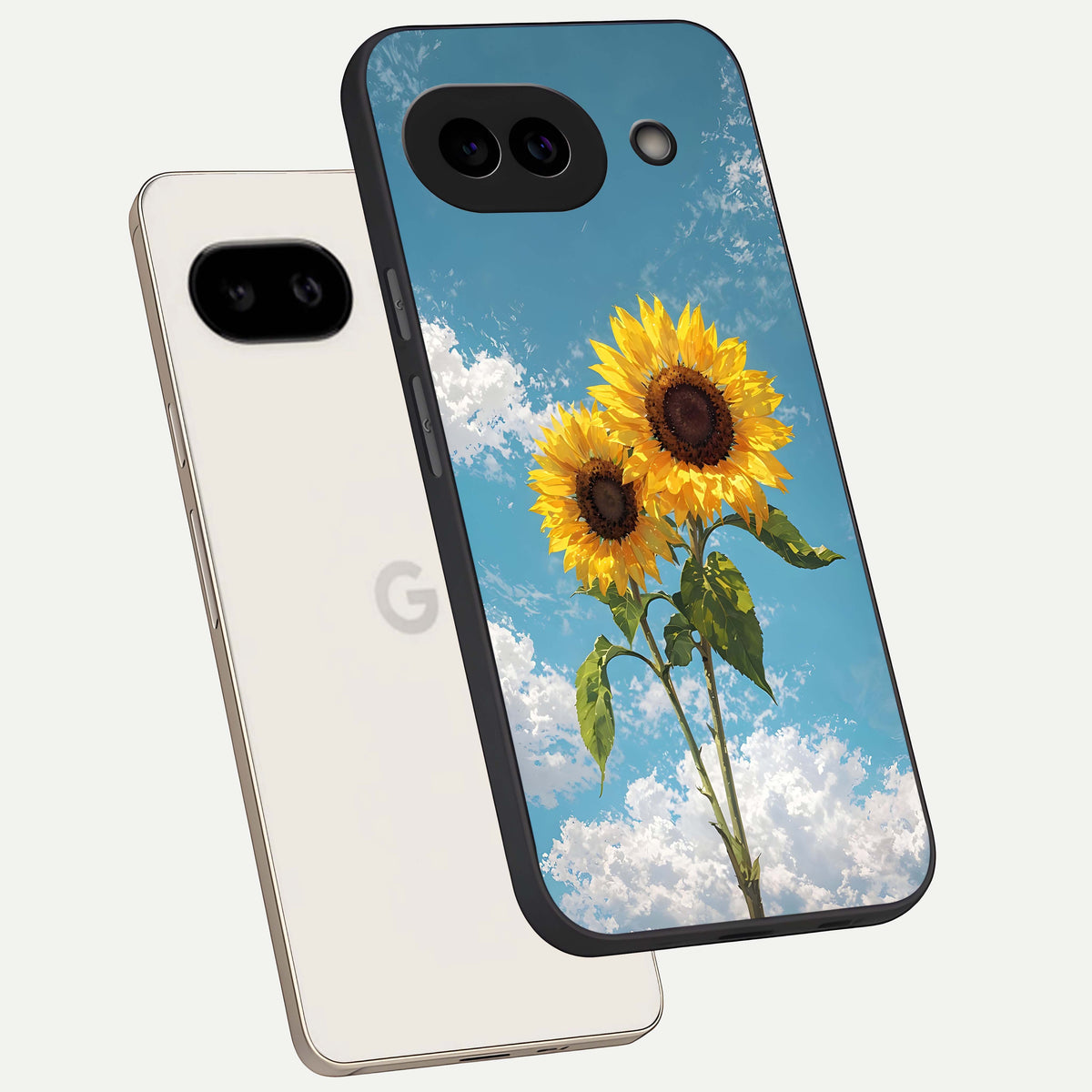  Sunlit Daisy Glow phone case For Google Pixel 9A showing premium glass back cover with detailed artwork