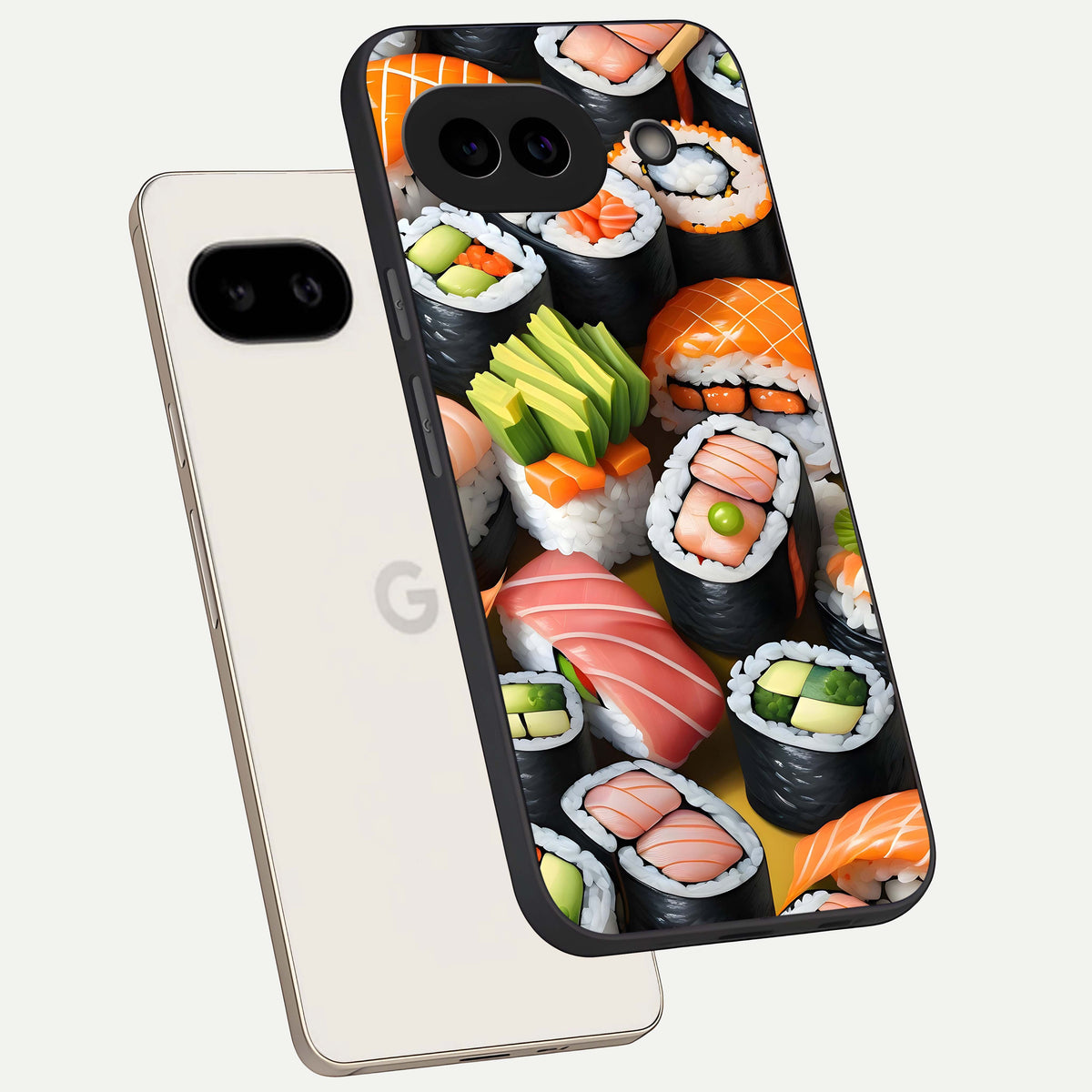  Sushi Food Pattern phone case For Google Pixel 9A showing premium glass back cover with detailed artwork