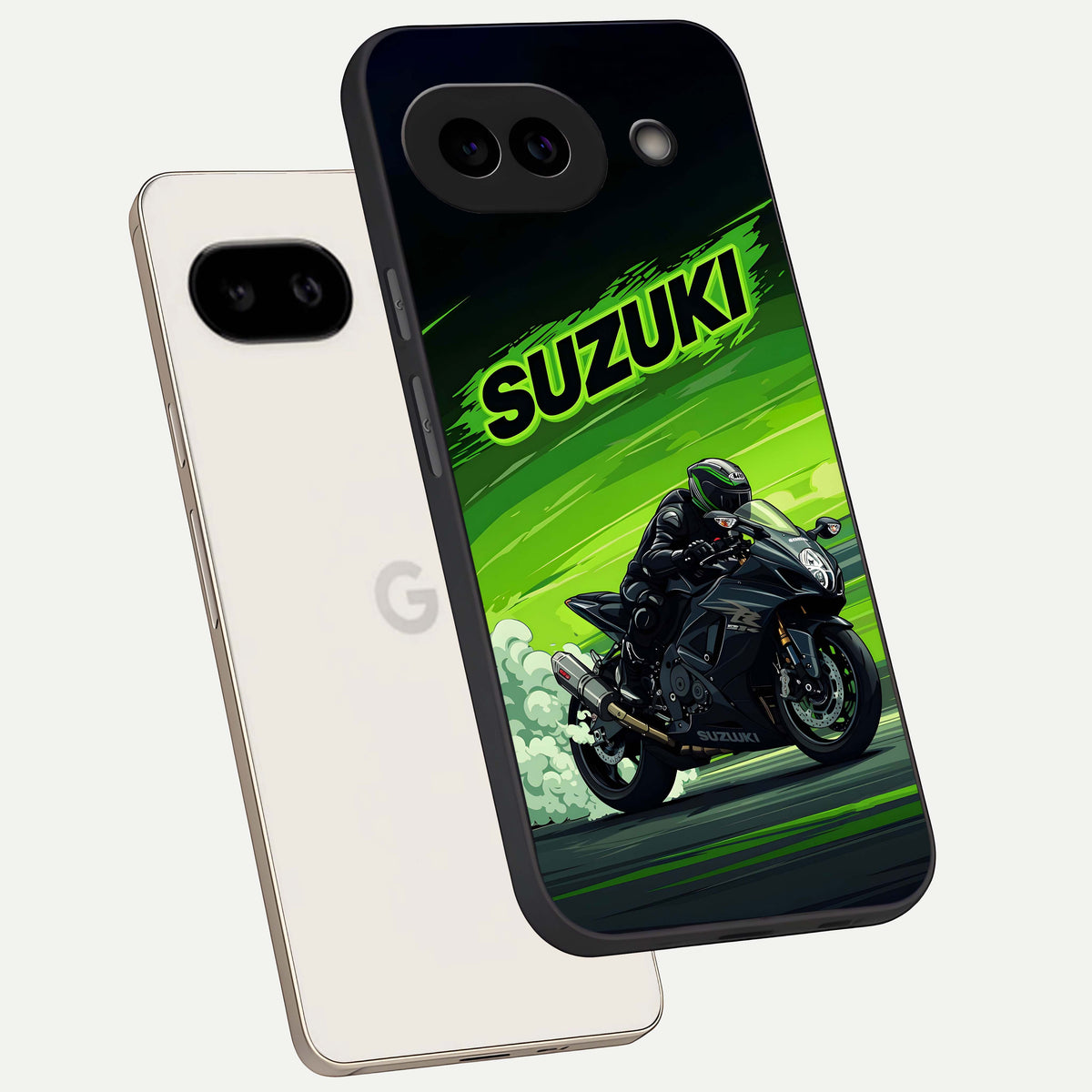  Suzuki Speed Beast phone case For Google Pixel 9A showing premium glass back cover with detailed artwork