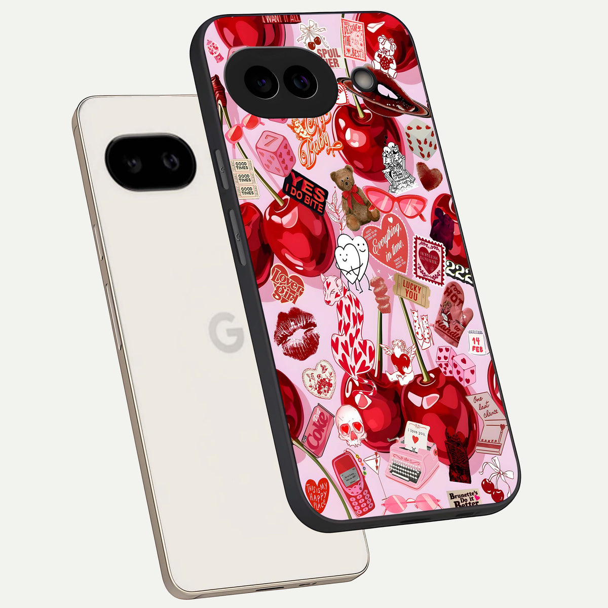  Sweet Cherry Chaos phone case For Google Pixel 9A showing premium glass back cover with detailed artwork