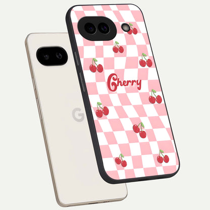  Sweet Cherry Vibes phone case For Google Pixel 9A showing premium glass back cover with detailed artwork