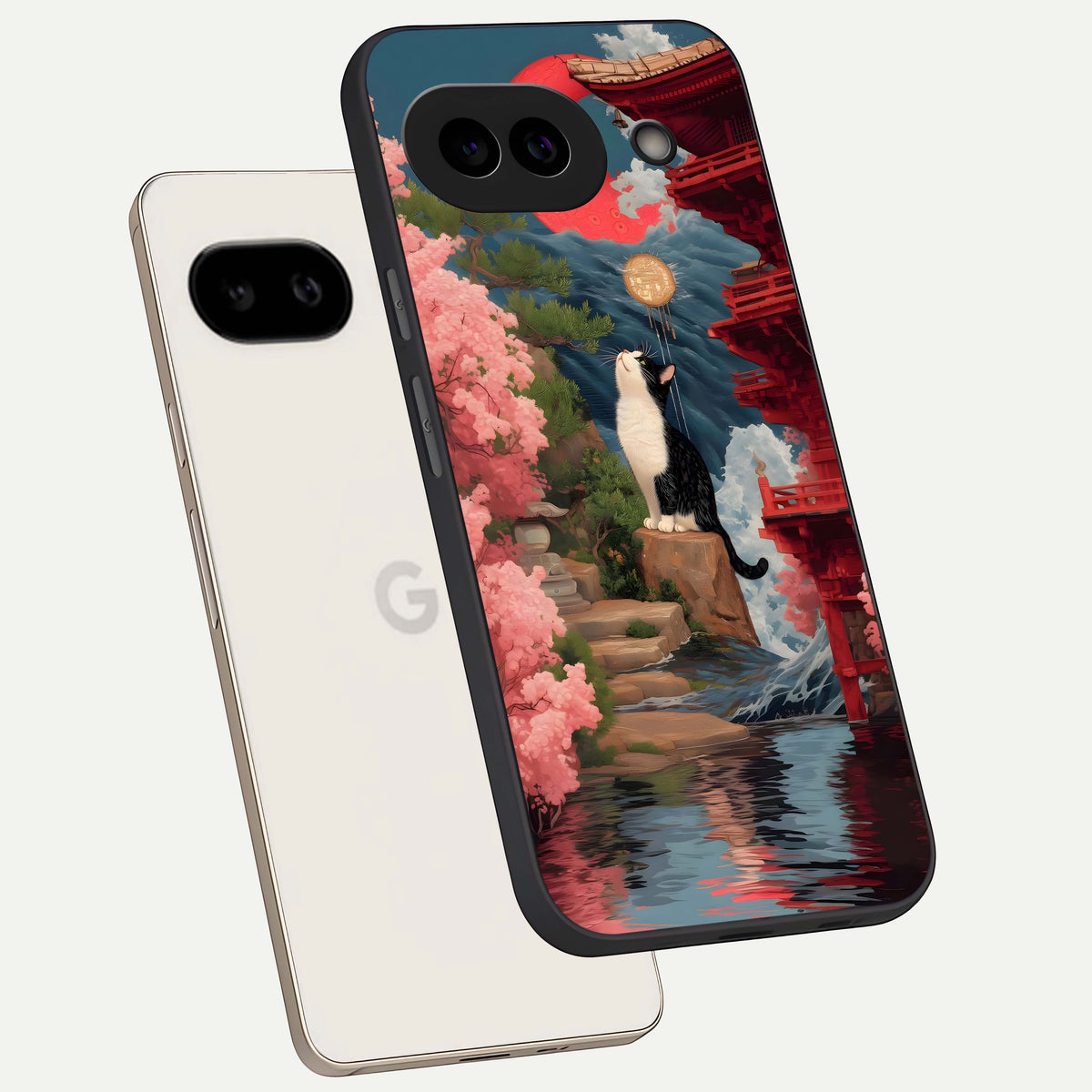  Temple Cat Scenery phone case For Google Pixel 9A showing premium glass back cover with detailed artwork