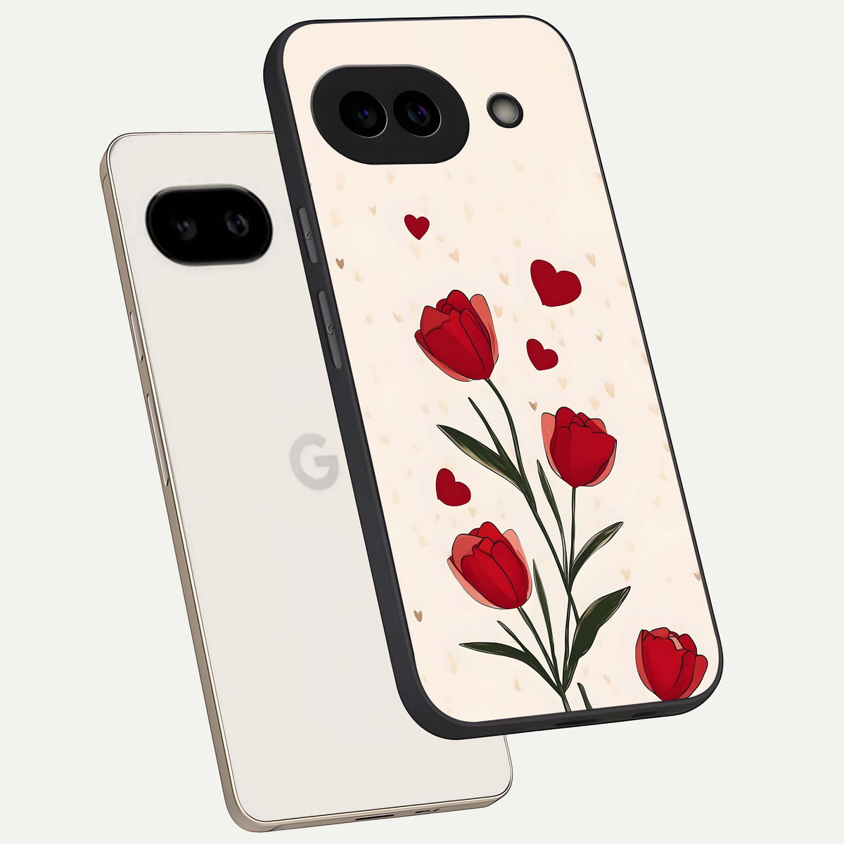  Tulip With Heart phone case For Google Pixel 9A showing premium glass back cover with detailed artwork
