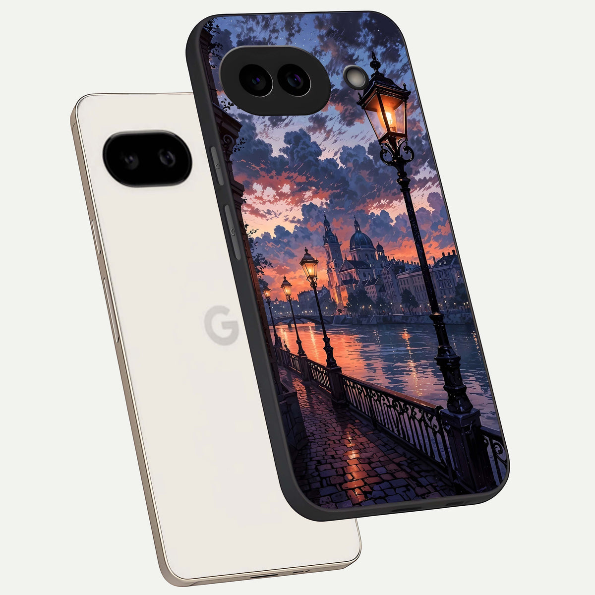  Twilight River Lights phone case For Google Pixel 9A showing premium glass back cover with detailed artwork