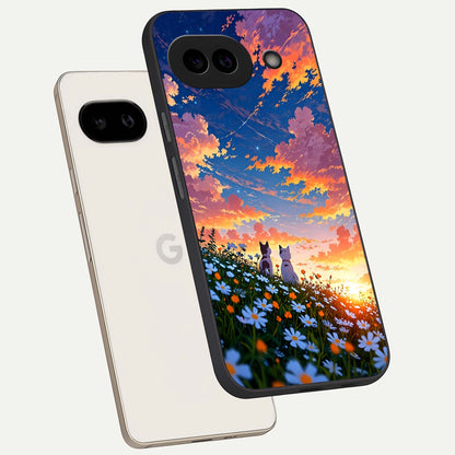  Two Cats Friends phone case For Google Pixel 9A showing premium glass back cover with detailed artwork
