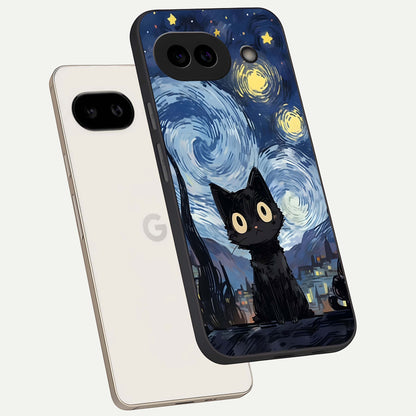  Van Gogh Cat phone case For Google Pixel 9A showing premium glass back cover with detailed artwork