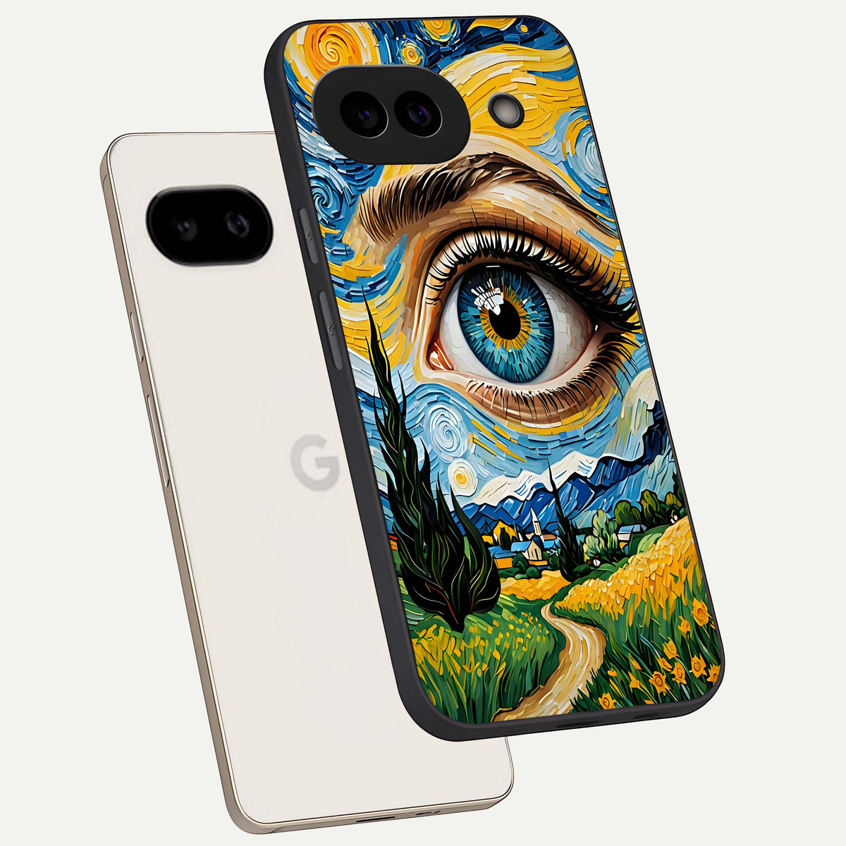  Van Gogh Eye phone case For Google Pixel 9A showing premium glass back cover with detailed artwork