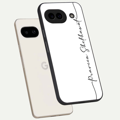  White Tune Custom Name phone case For Google Pixel 9A showing premium custom name glass back cover
