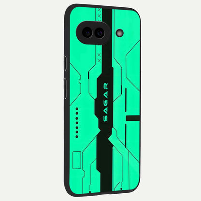  Aqua Tech CYBERPUNK Custom Name back cover For Google Pixel 9A slim fit glass case with vibrant aesthetic design