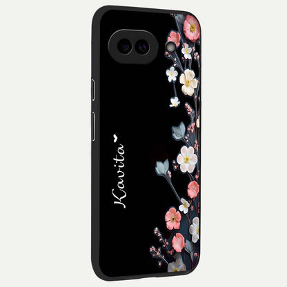  Black Elegance Floral Custom Name back cover For Google Pixel 9A slim fit glass case with vibrant aesthetic design