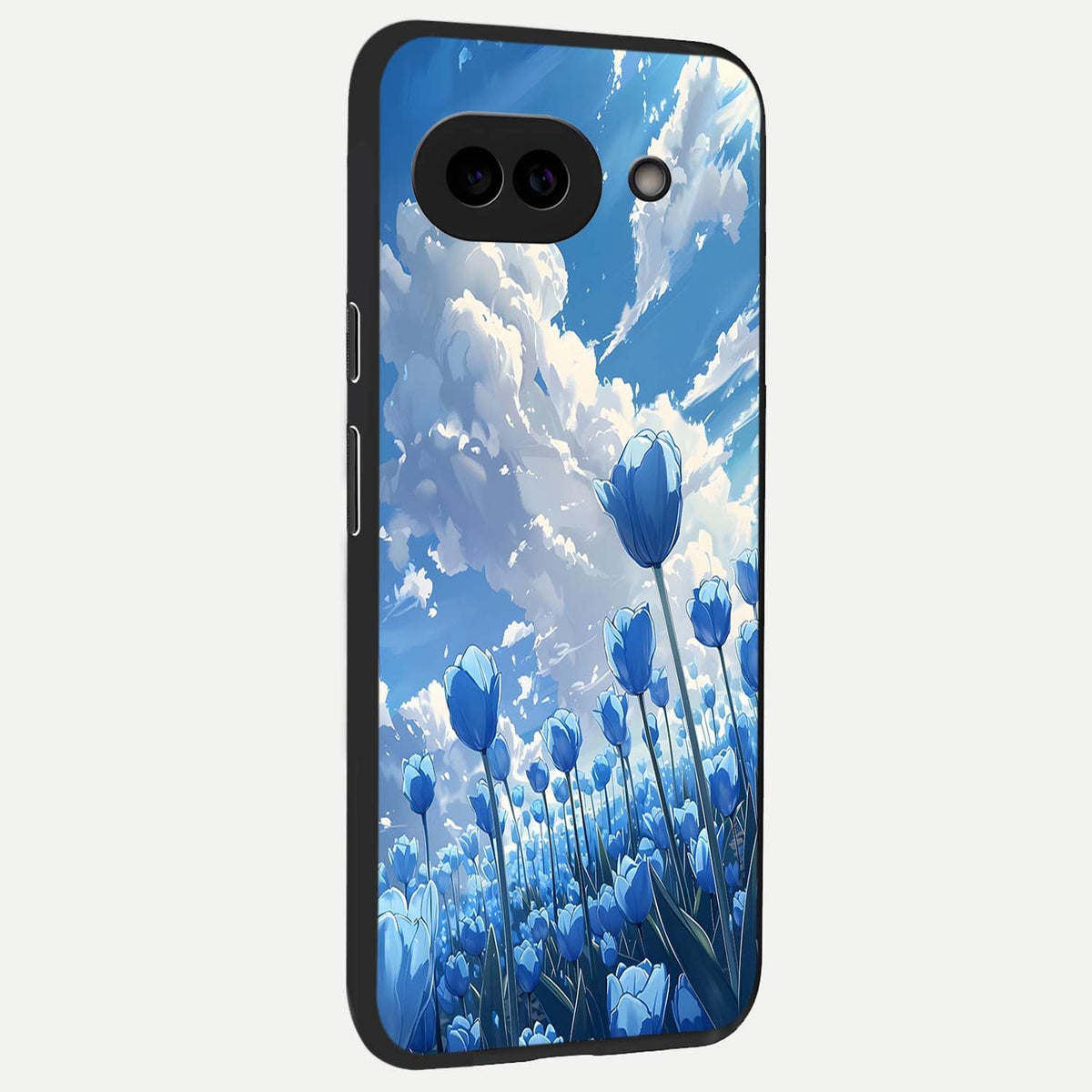  Blue Tulip Clouds back cover For Google Pixel 9A slim fit glass case with vibrant aesthetic design