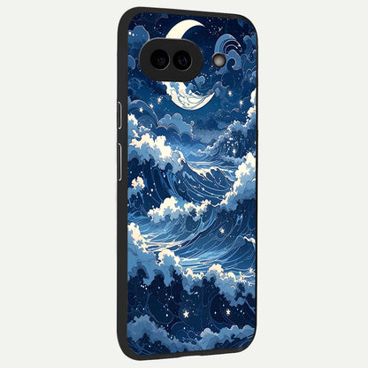  Ocean Moon Waves back cover For Google Pixel 9A slim fit glass case with vibrant aesthetic design