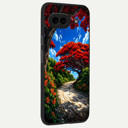  Red Trees Pathway back cover For Google Pixel 9A slim fit glass case with vibrant aesthetic design