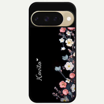  Black Elegance Floral Custom Name Glass Case For Google Pixel 9 back cover – full design glossy printed glass finish