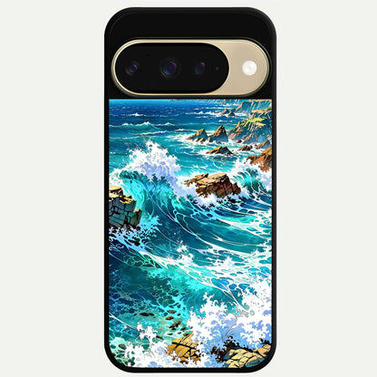  Coastal Blue Waves Glass Case For Google Pixel 9 back cover – full design glossy printed glass finish