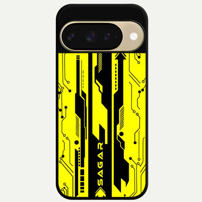  Electric Pulse CYBERPUNK Custom Name Glass Case For Google Pixel 9 back cover – full design glossy printed glass finish