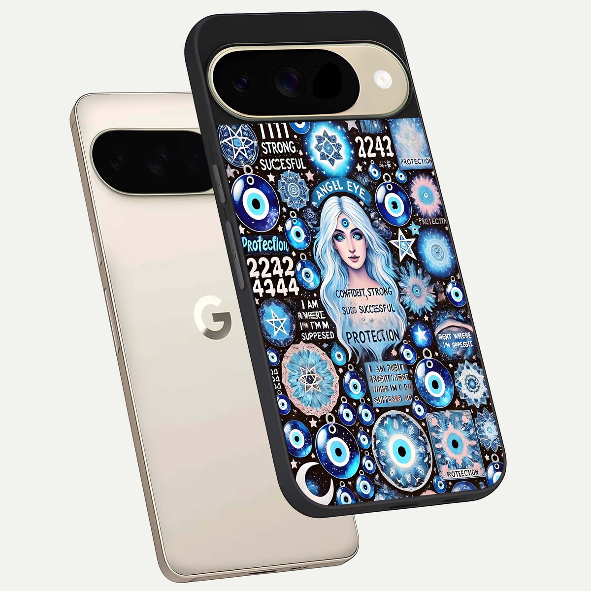  Angel Aura Shield phone case For Google Pixel 9 showing premium glass back cover with detailed artwork