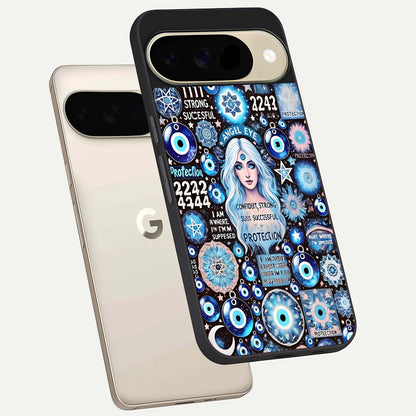  Angel Aura Shield phone case For Google Pixel 9 showing premium glass back cover with detailed artwork