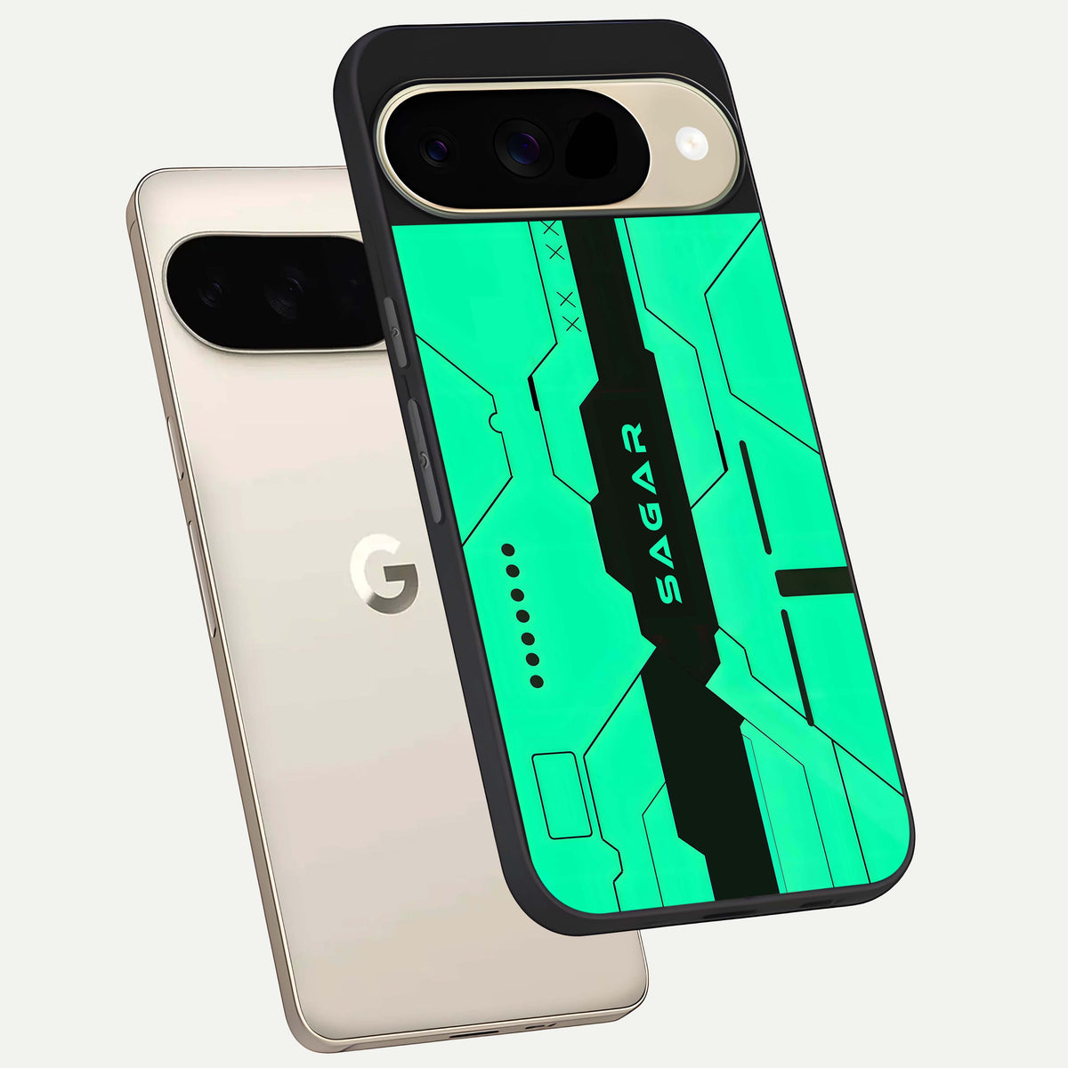  Aqua Tech CYBERPUNK Custom Name phone case For Google Pixel 9 showing premium glass back cover with detailed artwork