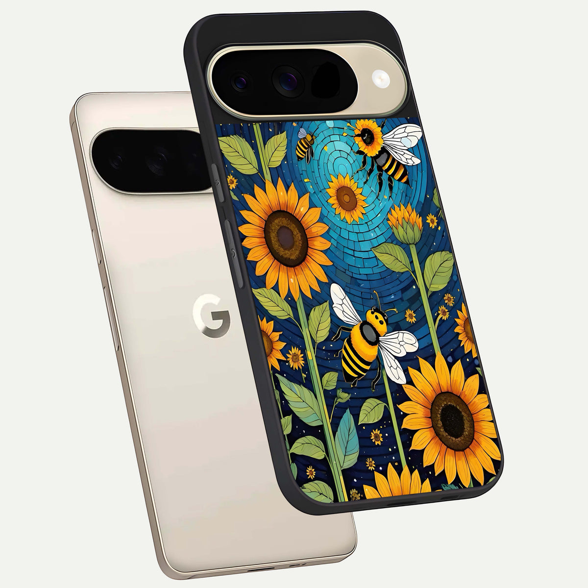 Bees And Sunflowers phone case For Google Pixel 9 showing premium glass back cover with detailed artwork