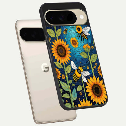  Bees And Sunflowers phone case For Google Pixel 9 showing premium glass back cover with detailed artwork