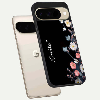  Black Elegance Floral Custom Name phone case For Google Pixel 9 showing premium glass back cover with detailed artwork