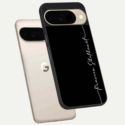  Black Tune Custom Name phone case For Google Pixel 9 showing premium glass back cover with detailed artwork